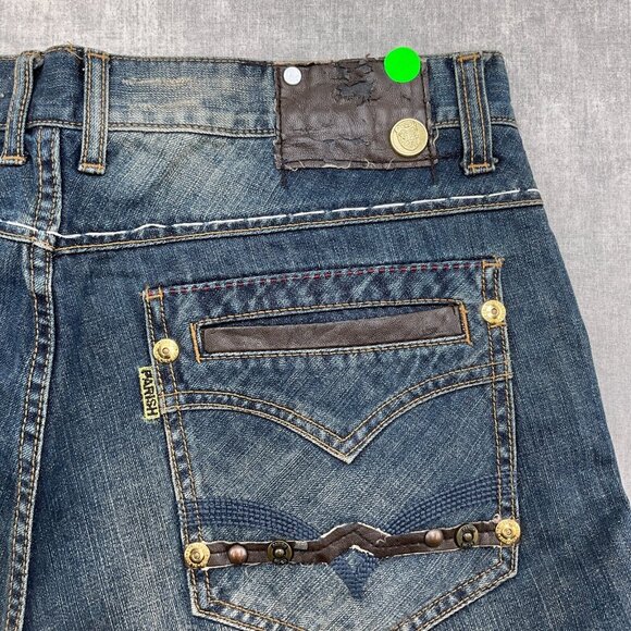 Parish Shorts Men 36W x 14L Blue Stonewash Button Fly Leather High Rise Denim - Picture 2 of 14